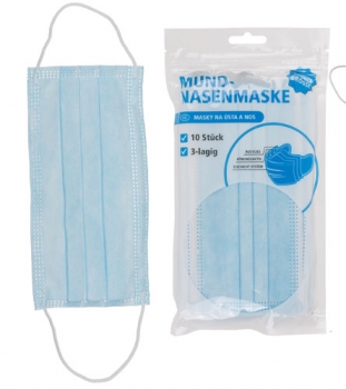 10 Stück Mund- Nasen - Bedeckungen - Hygiene - Masken - Einwegmasken BLAU im 10-er Pack
